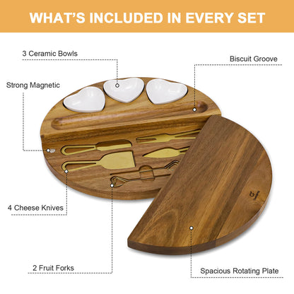 GL-Bamboo Acacia Wood Swivel Cheese Board Set with Heart Ceramic Bowls