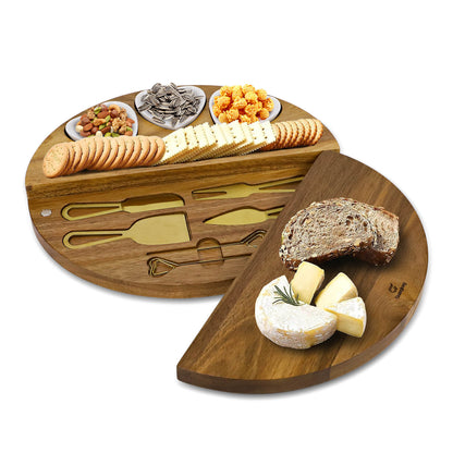 GL-Bamboo Acacia Wood Swivel Cheese Board Set with Heart Ceramic Bowls