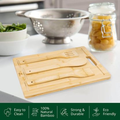 GL-Bamboo Cutting Board with Juice Groove and Utensil Set of 3