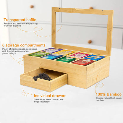 GL- Bamboo tea bag storage box with drawer and magnetic transparent lid, customized size, logo