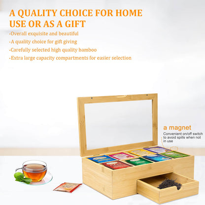 GL- Bamboo tea bag storage box with drawer and magnetic transparent lid, customized size, logo