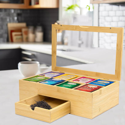 GL- Bamboo tea bag storage box with drawer and magnetic transparent lid, customized size, logo