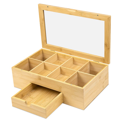 GL- Bamboo tea bag storage box with drawer and magnetic transparent lid, customized size, logo