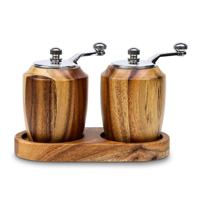 GL-Bamboo Salt and Pepper Grinder Set with Twist Handle and Tray